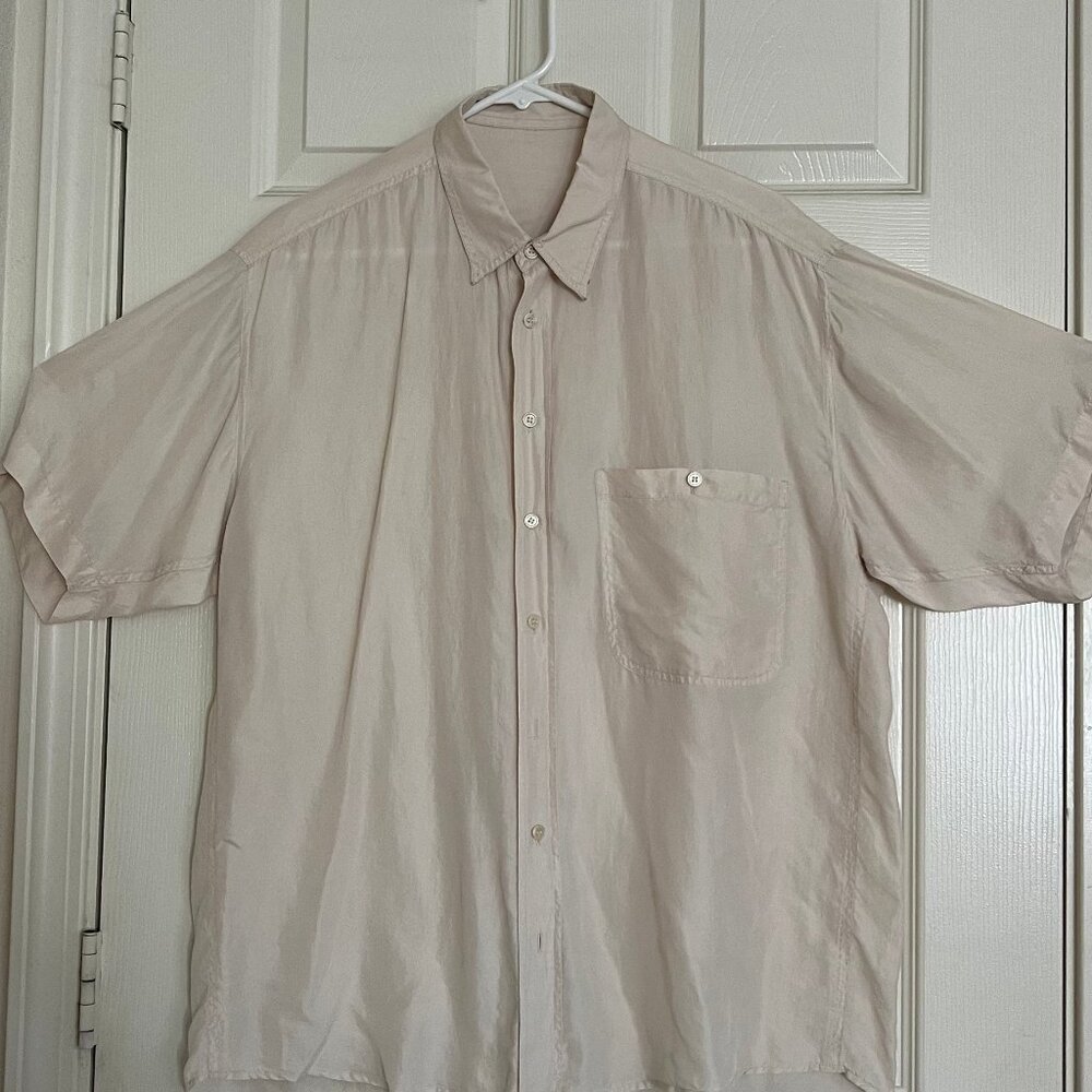 Men's beige SILK button-down short sleeve shirt Size XL